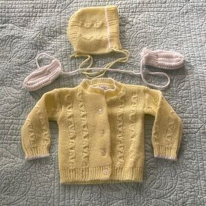 Yellow Knit Baby Cardigan and Bonnet Set